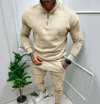 Men's Casual Fleece-lined Solid Color Top And Trousers Suit
