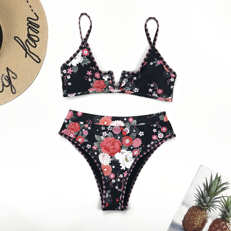 Women's Japanese Floral High-Waist Bikini Set