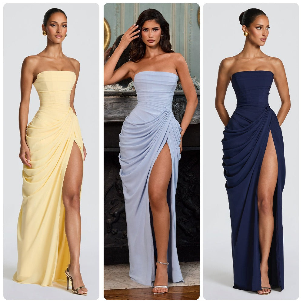 Tube Top Pleated Slit Dress