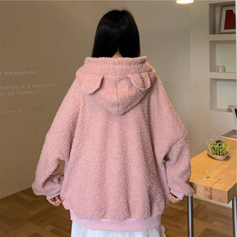 Bear Ears Hooded Fleece Sweater in Lamb Wool