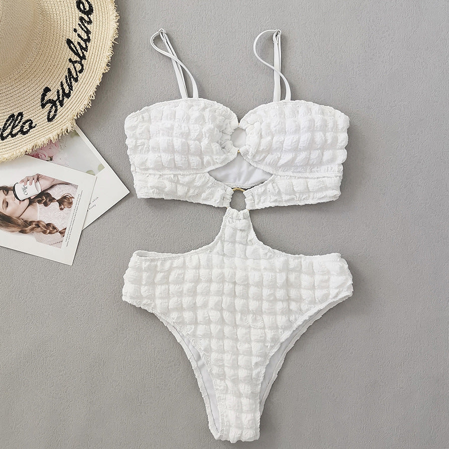 Seersucker One-Piece Swimsuit with Sexy Ring for Women