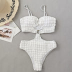 Seersucker One-Piece Swimsuit with Sexy Ring for Women