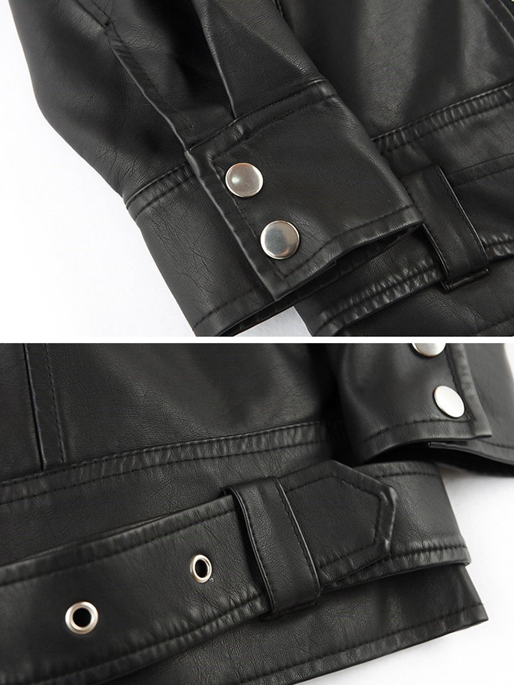 Sungtin Women's Black Faux Leather Jacket with Belt