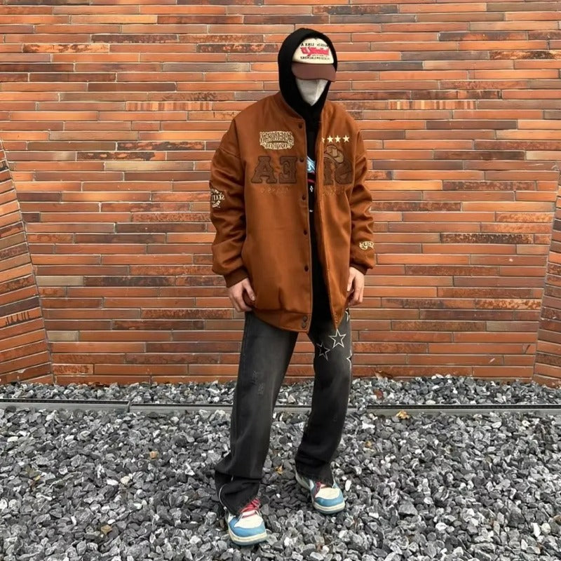 Retro Letter Embroidery Bomber Jacket for Men and Women