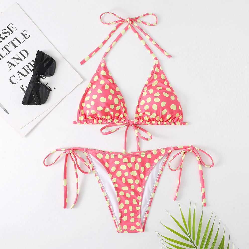 Dot Print Triangle Tie-Side Bikini Set