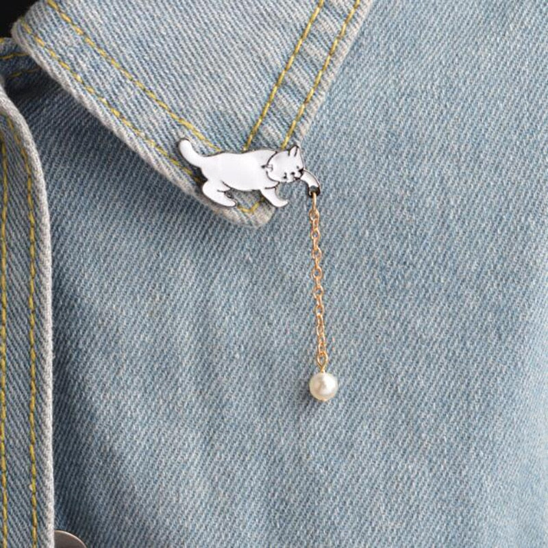 Enamel Cat Brooch Pin with Pearl Drop