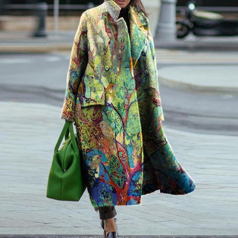 Women's Printed Loose Trench Coat with Flared Sleeves