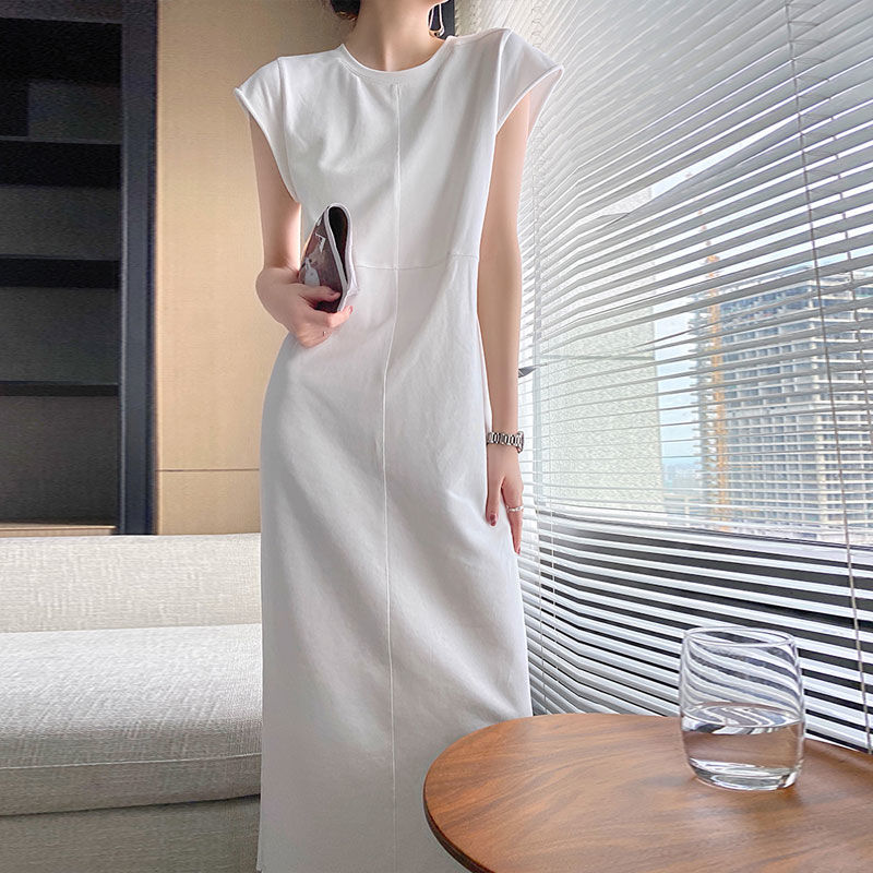 New Cotton Long Dress with Side Slit and Short Sleeves