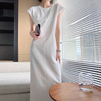 New Cotton Long Dress with Side Slit and Short Sleeves