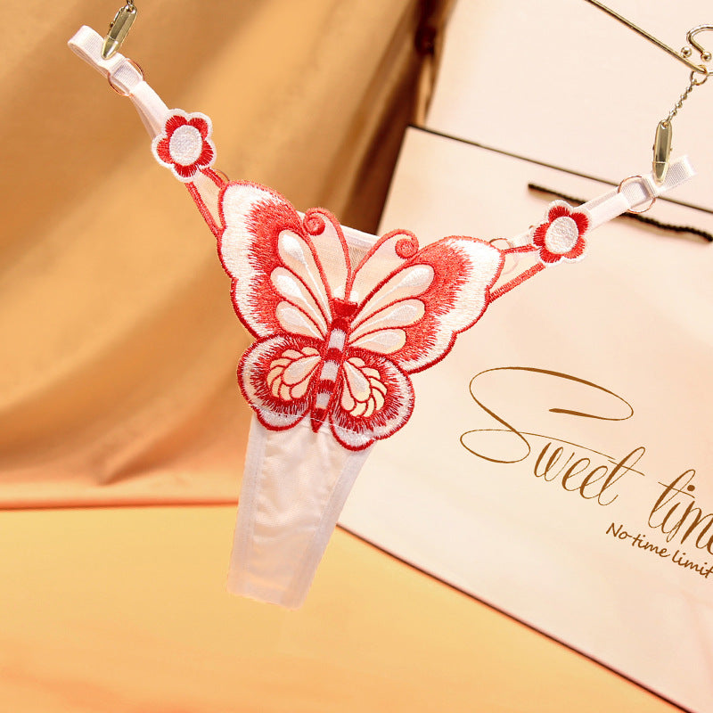 Adjustable Plus Size Butterfly Embroidery Thong Panties