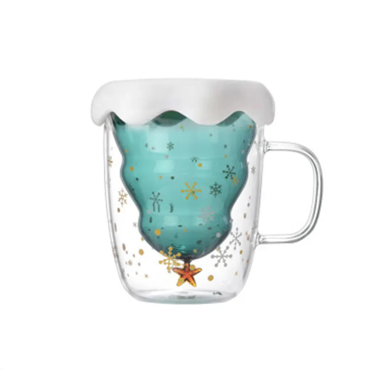 Double Heat Resistant Glass Coffee Cup Christmas Tree With Handle And Lid Milk Water Cup Cute Household Breakfast Whiskey Mug