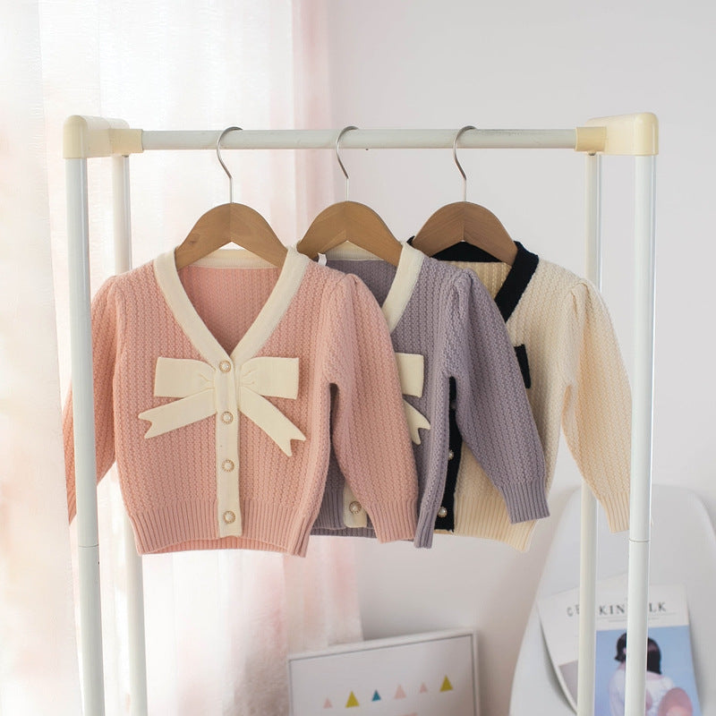 Girls' Bow Top Cardigan Sweater for Autumn & Winter