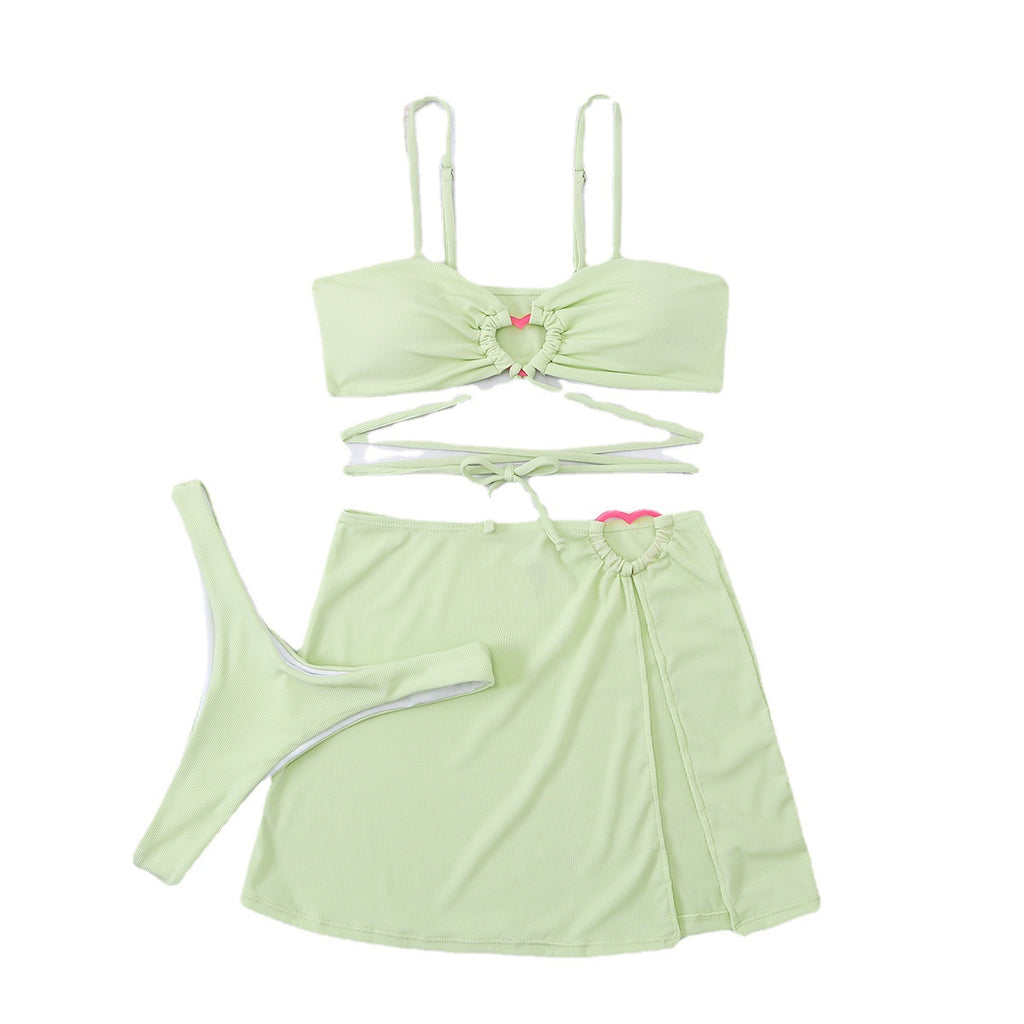 New Women's Solid Color Bikini Set with Skirt
