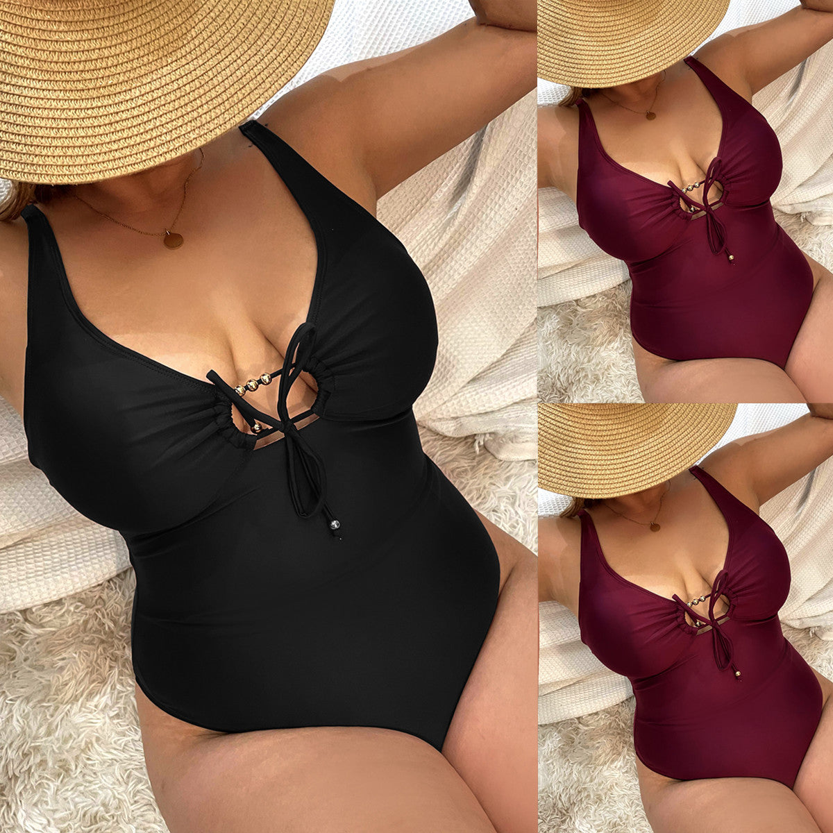 Plus Size High-Waist Solid Color Bikini Swimsuit DM202