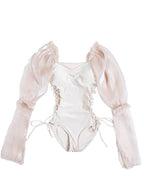 Organza Puff-Sleeve Lace-Up One-Piece Swimsuit