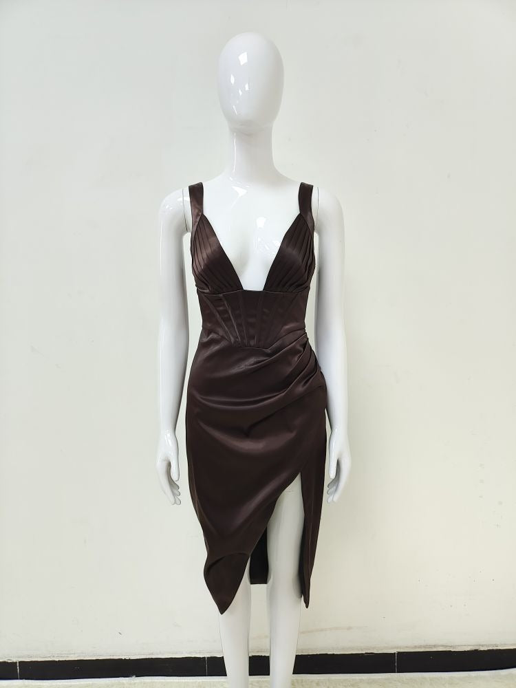Corset V-Neck Satin Mini Dress with High Slit