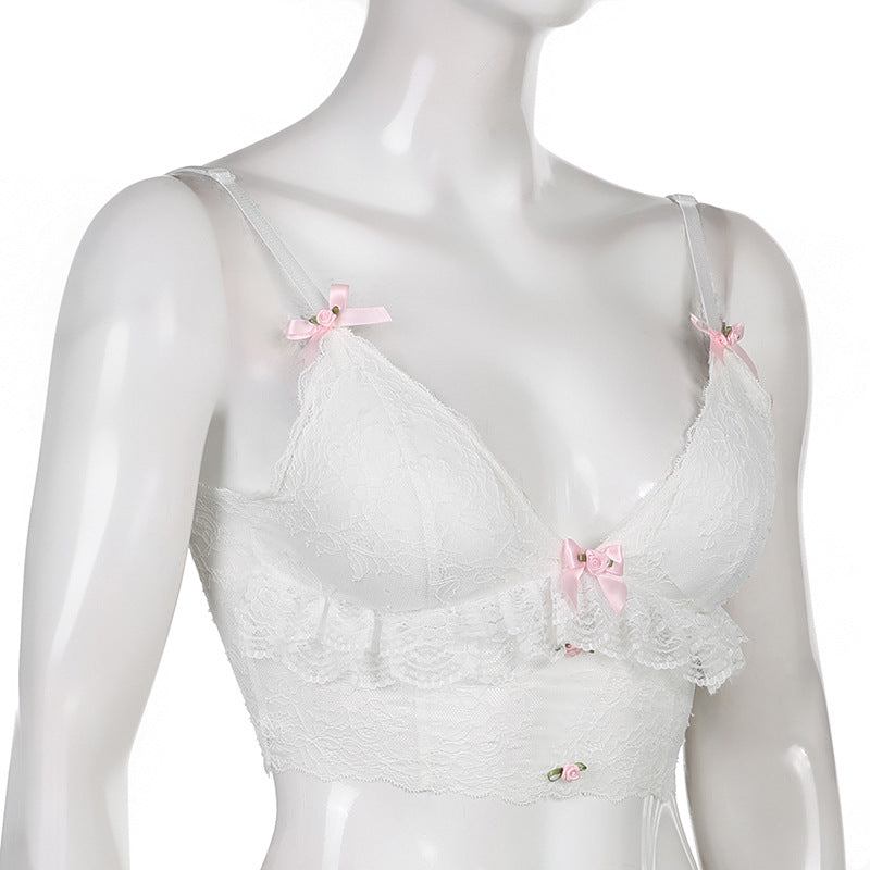 Gothic Lace Bowknot White Cropped Top for Women