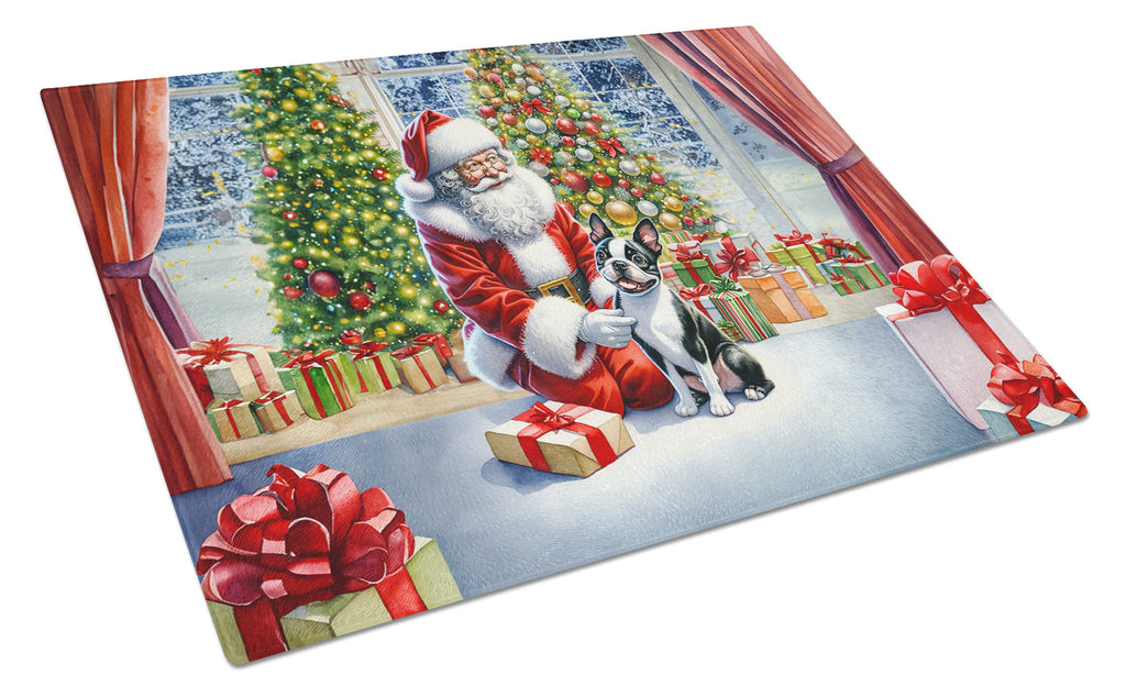 Boston Terrier and Santa Claus Glass Cutting Board