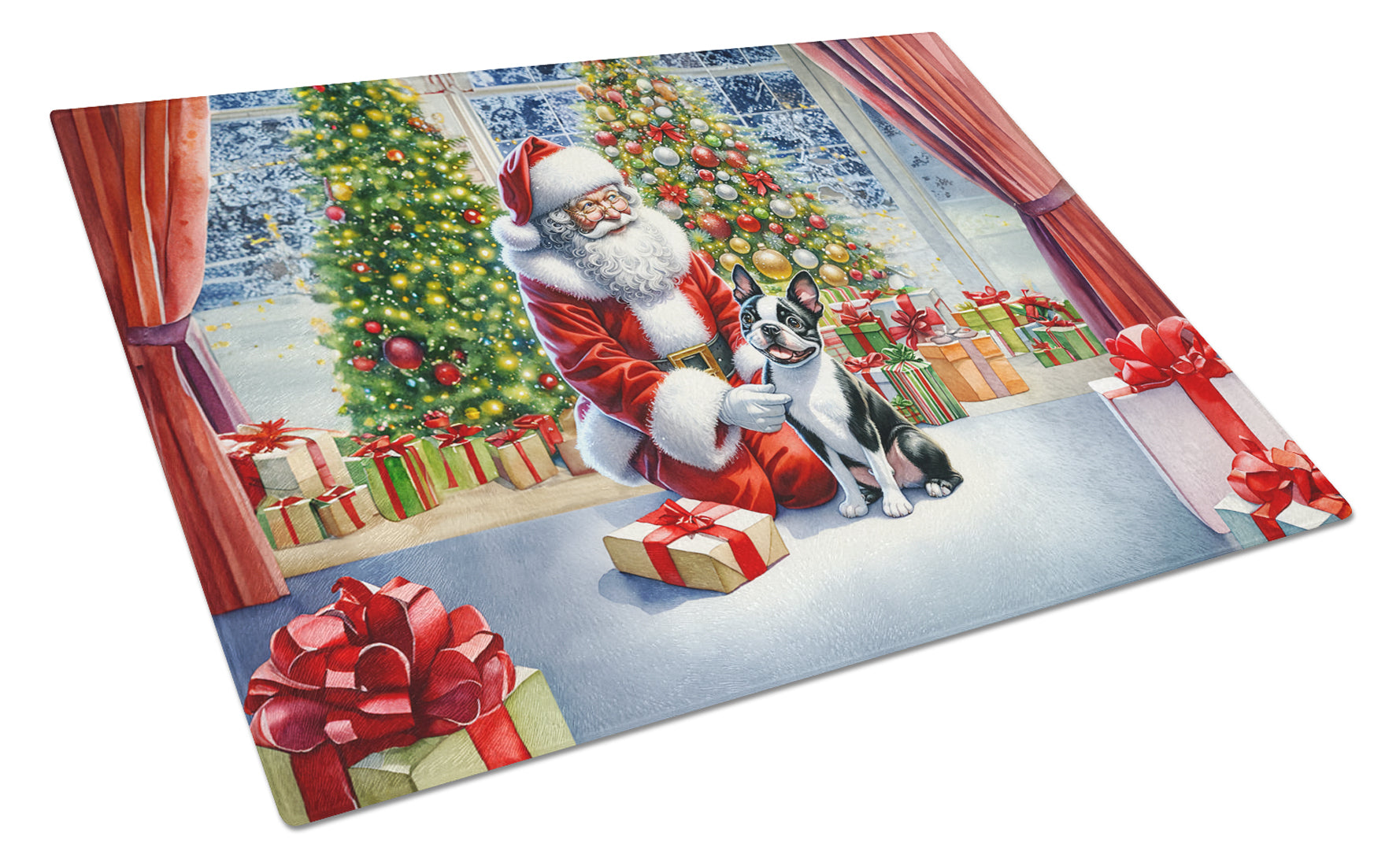 Boston Terrier and Santa Claus Glass Cutting Board