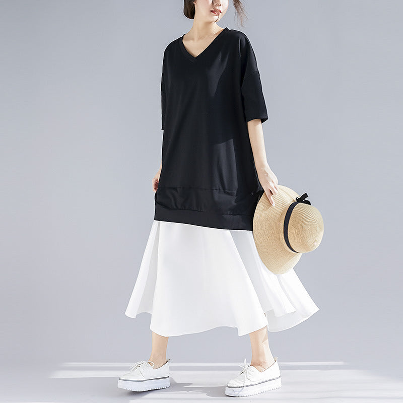 Women's V-Neck Color Block Midi Dress (Two-Piece)