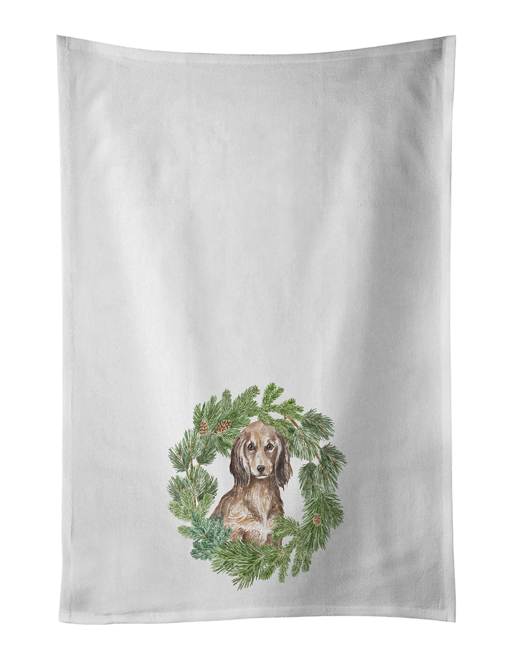 Dachshund Sable Longhaired Christmas Wreath Kitchen Towel Set of 2