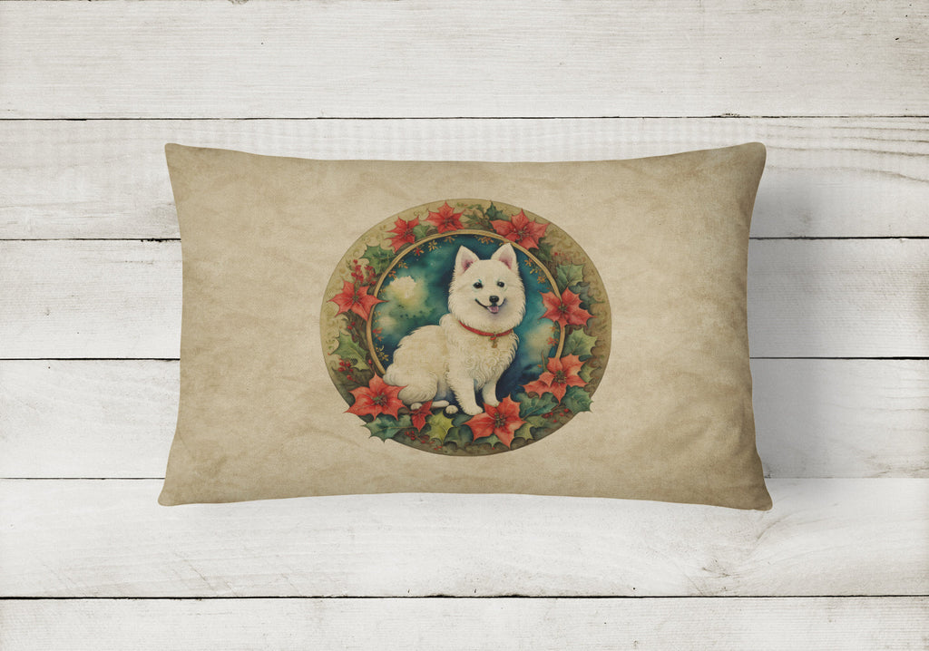 Japanese Spitz Christmas Flowers Throw Pillow