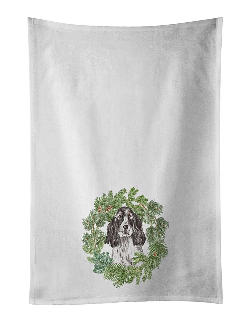 Cocker Spaniel Black and White Ticked Christmas Wreath Kitchen Towel Set of 2