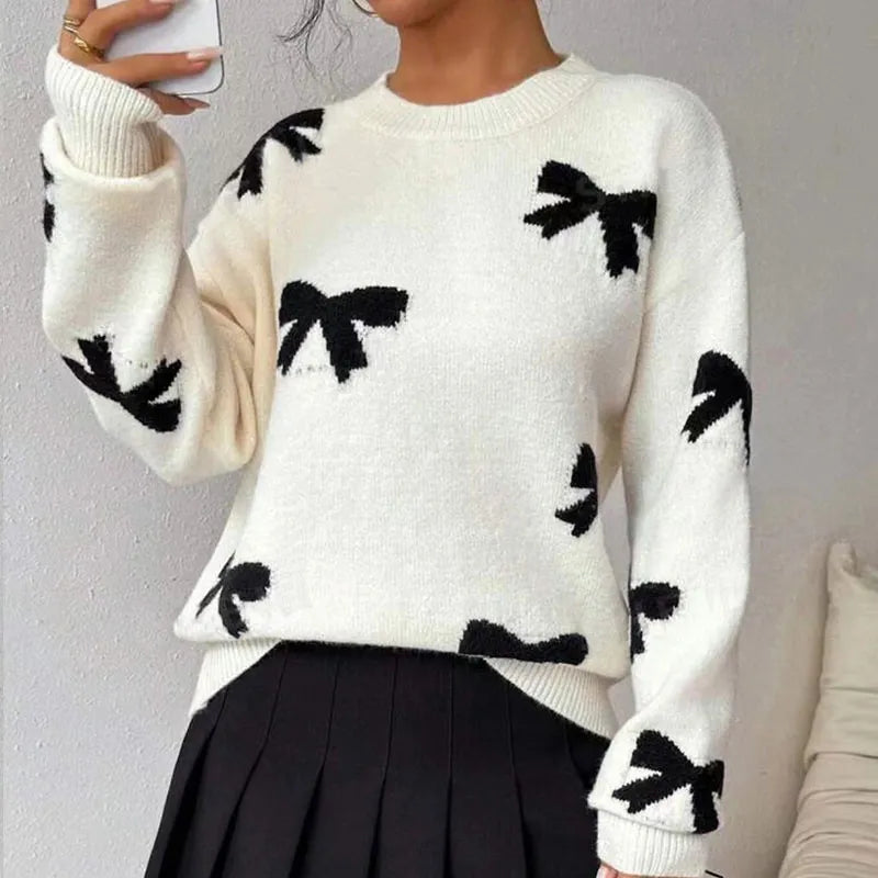Autumn And Winter Round Neck Bow Jacquard Pullover Sweater | Streetwear
