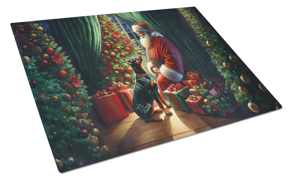 Doberman Pinscher and Santa Claus Glass Cutting Board