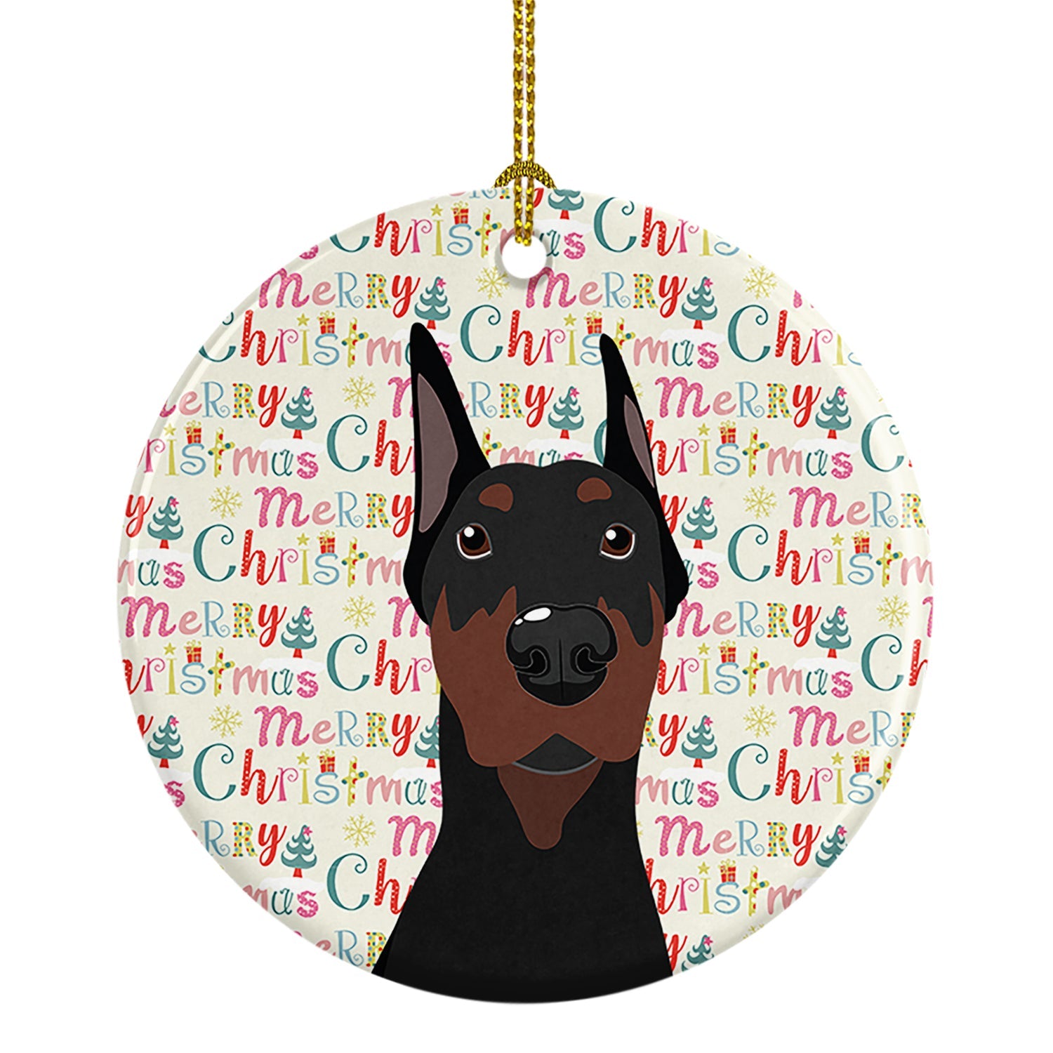 Doberman Pinscher Black Cropped Ears Christmas Ceramic Ornament