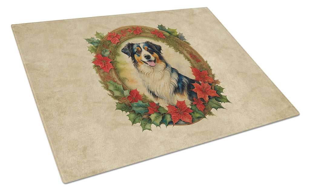 Australian Shepherd Christmas Flowers Glass Cutting Board