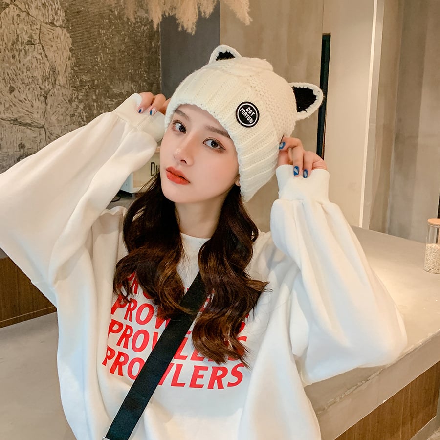 Cute Fleece Lined Woolen Cat Ears Cap for Women | Embroidered Cap