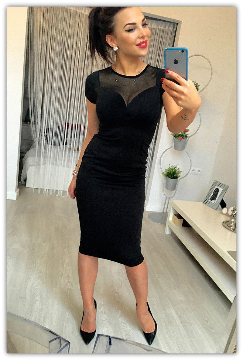 Sexy Black Mesh Panel Pencil Dress with Round Neck