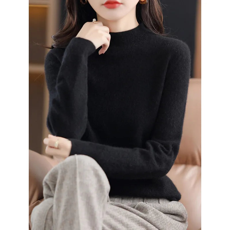 Seamless Half High Neck Loose Fitting Pullover With Bottom Sweater | Streetwear
