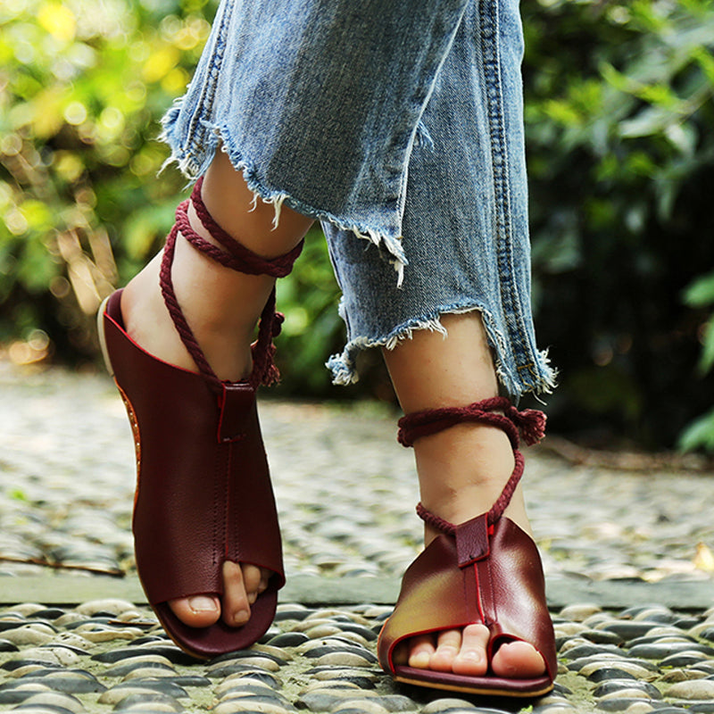 Flat Large Size Sandals with Ankle Tie and Thong Design