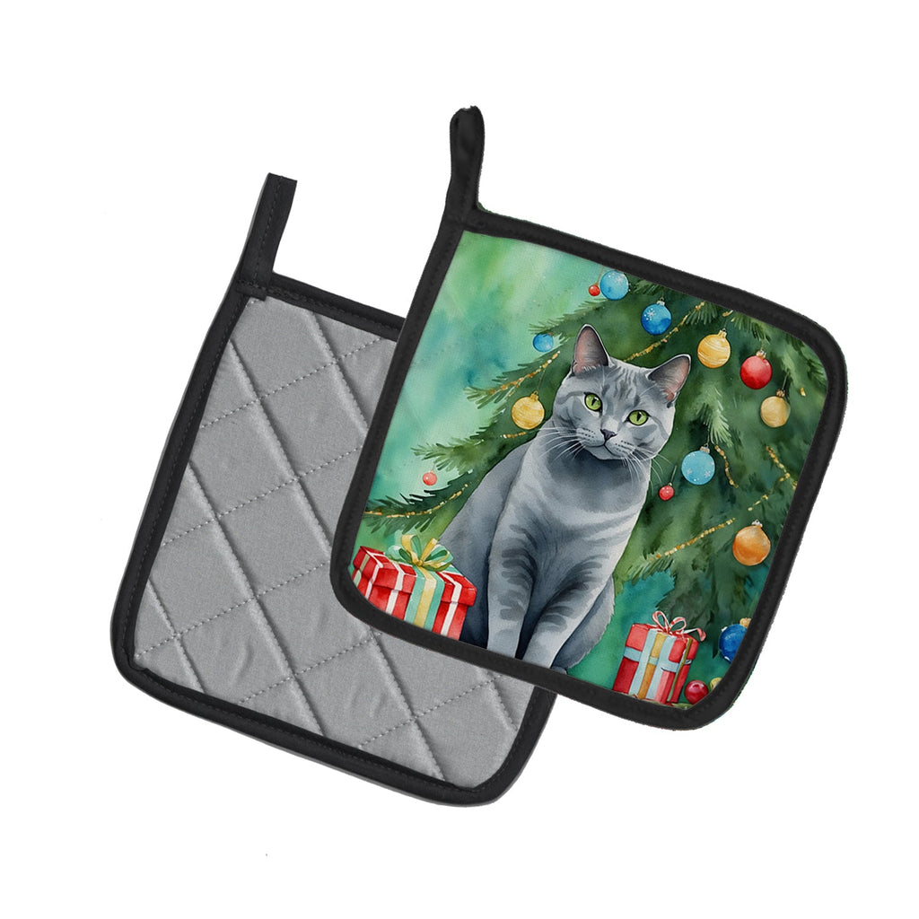 Chartreux Cat By the Christmas Tree Pair of Pot Holders