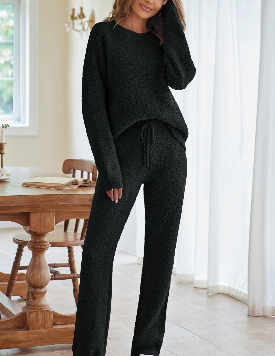 Solid Color Women's Round Neck Long Sleeve Trousers Warm Fleece Suit