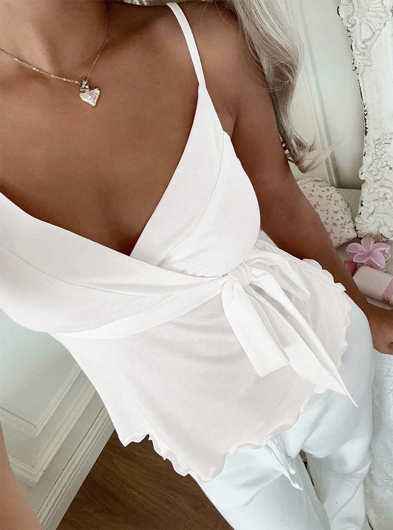 Wave-Edged Lace-Up Tank Top
