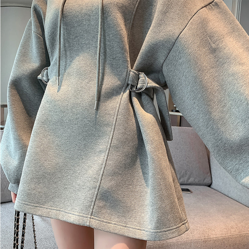 Women's Velvet Puff Sleeve Hooded Sweatshirt with Belt | Streetwear