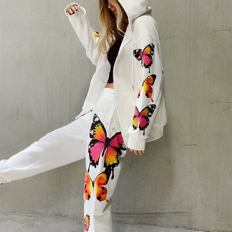 Women's Casual Sweater Suit with Butterfly Print Design