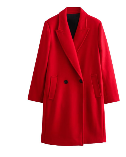 Red Wool Long Coat with Double Breasted Design (One Piece)