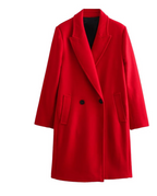 Red Wool Long Coat with Double Breasted Design (One Piece)