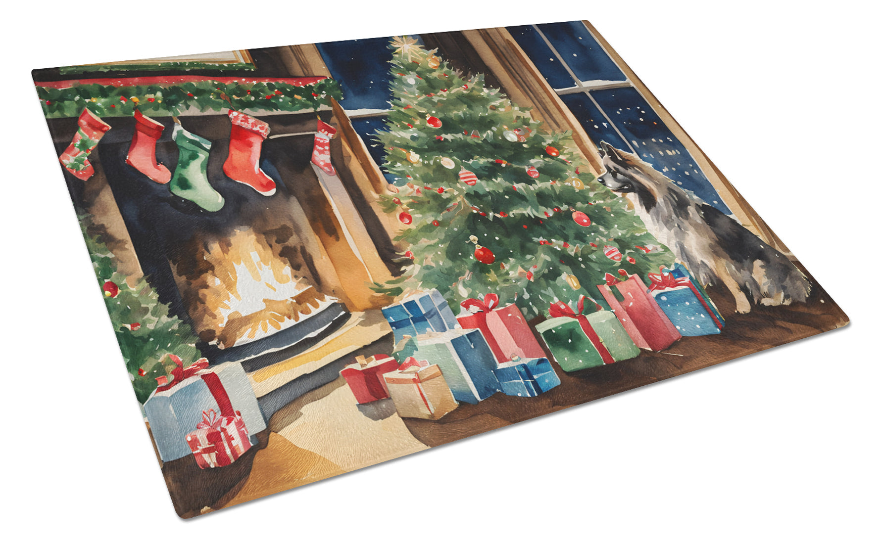 Keeshond Cozy Christmas Glass Cutting Board