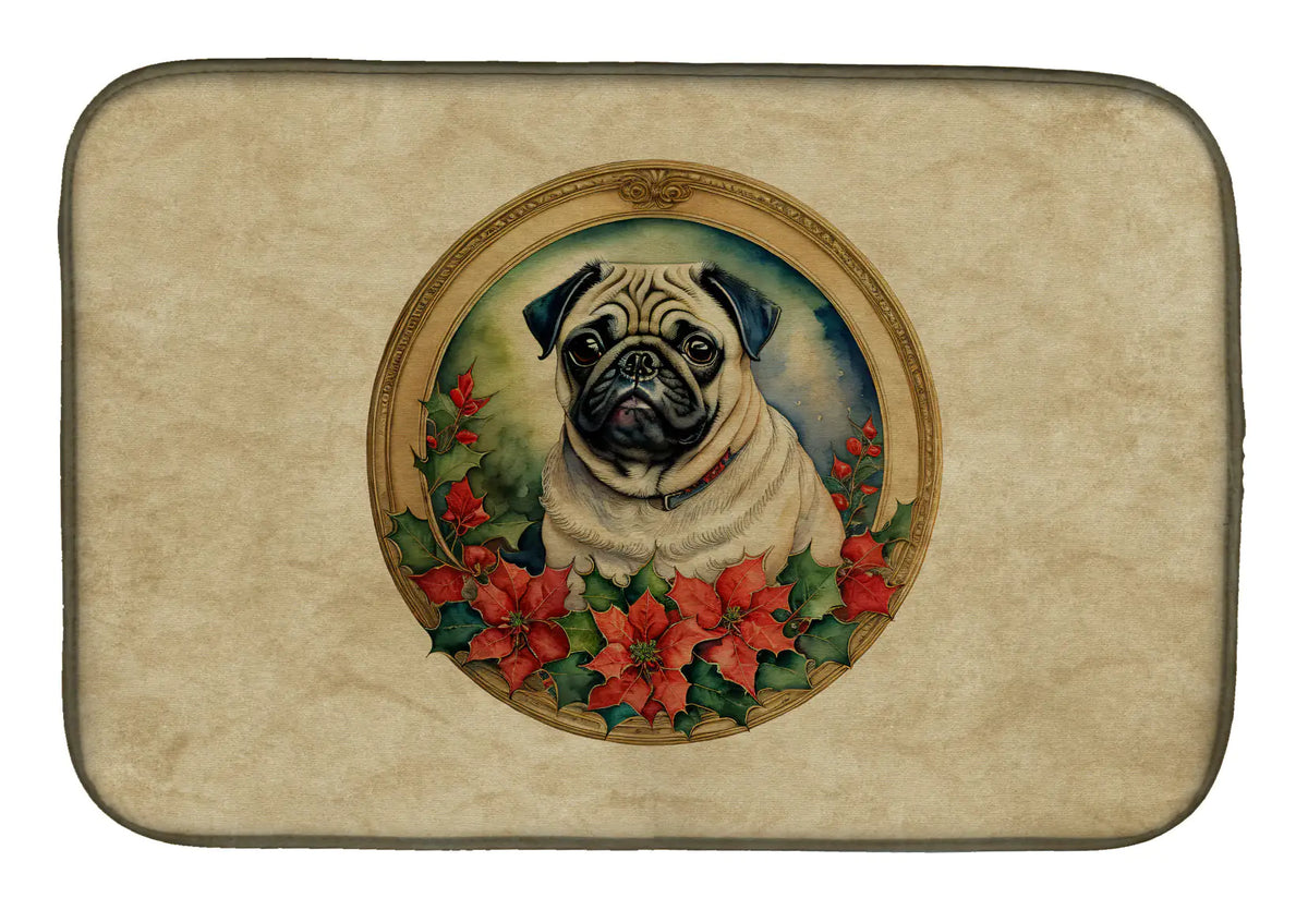 Pug Christmas Flowers Dish Drying Mat