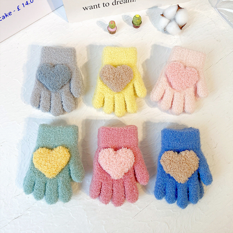Warm Pure Color Love Children's Gloves for Cold Weather