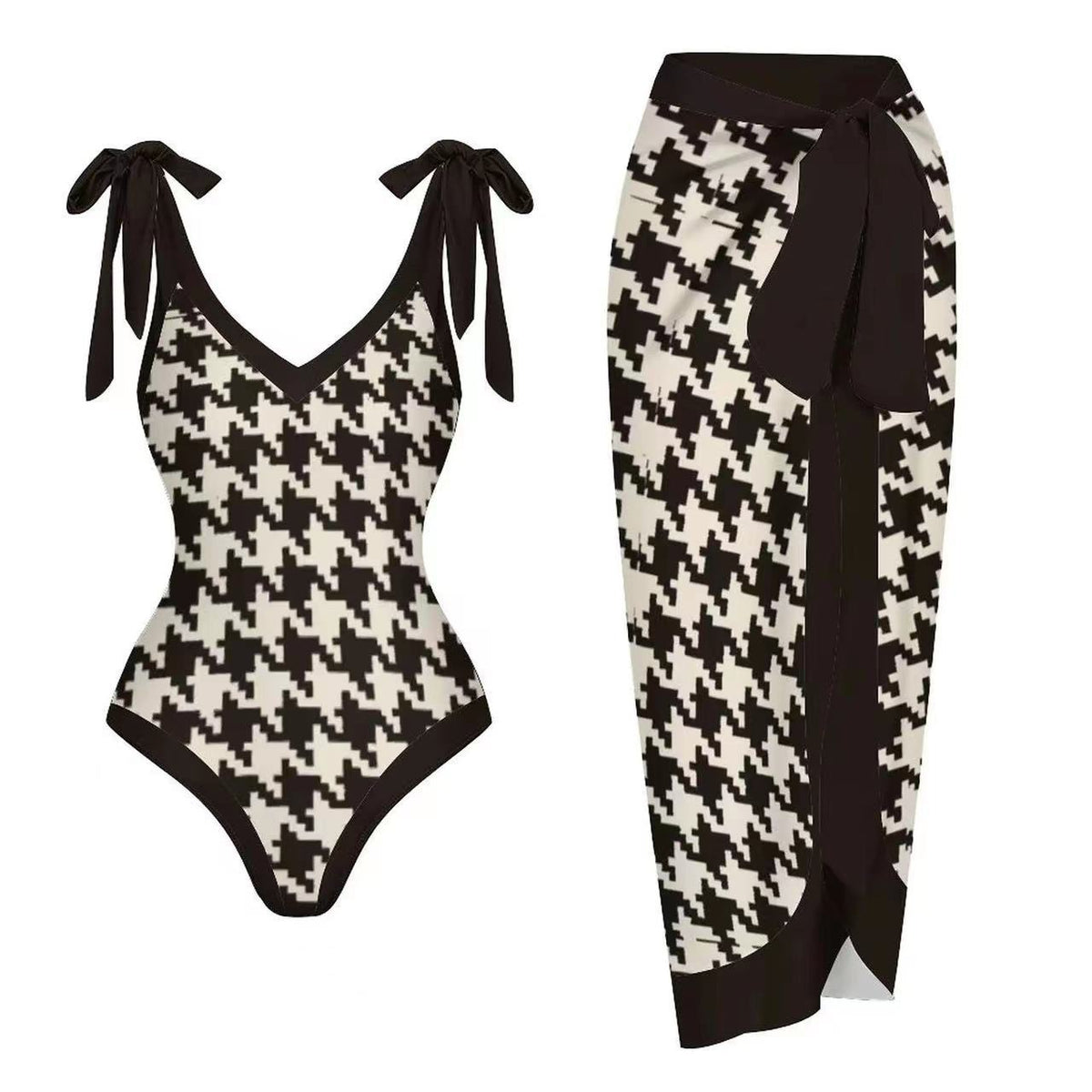 V-Neck Women's One-Piece Swimsuit with Skirt Design