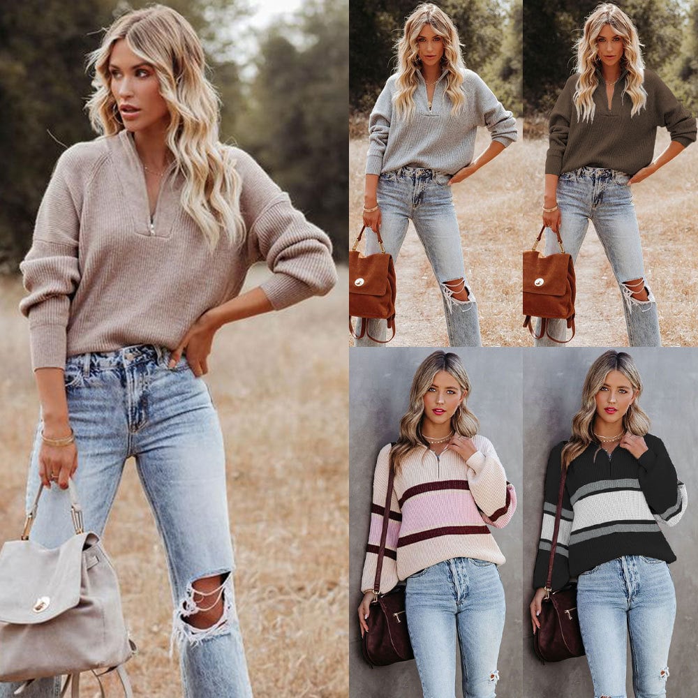 Women's Striped Colorblock Zip Sweater with Long Sleeves