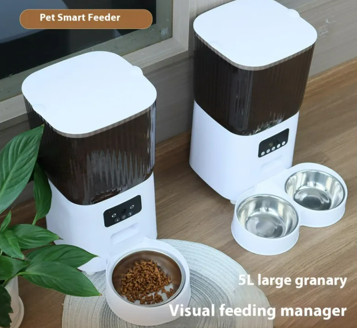 5L Automatic Pet Feeder with Stainless Steel Bowls, Programmable Smart Food Dispenser for Cats and Dogs, Timed Portion Control Feeding Machine