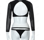 Black Mesh Cut-Out Long-Sleeve Bikini Set