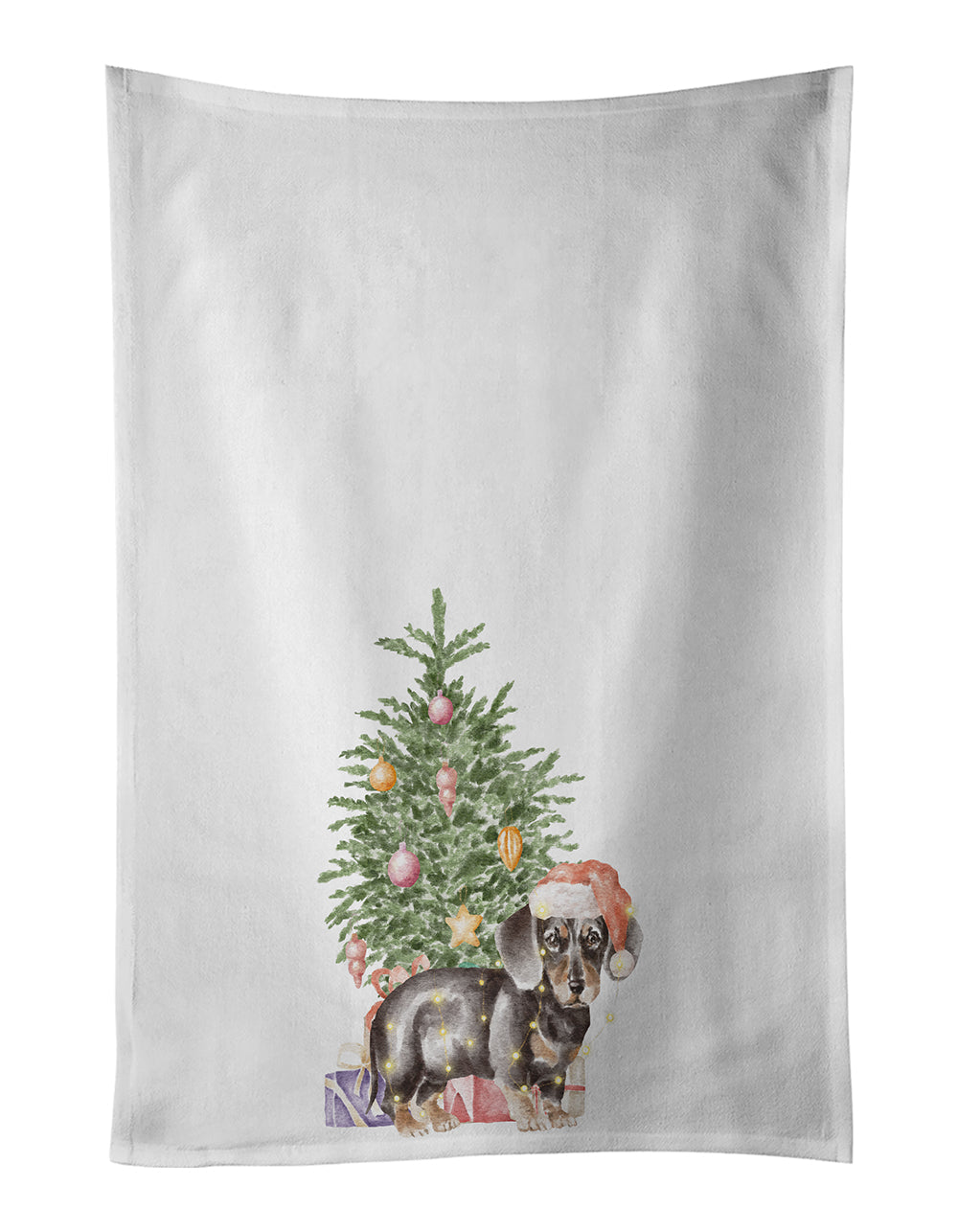 Dachshund Black Tan Puppy Christmas Presents and Tree Kitchen Towel Set of 2